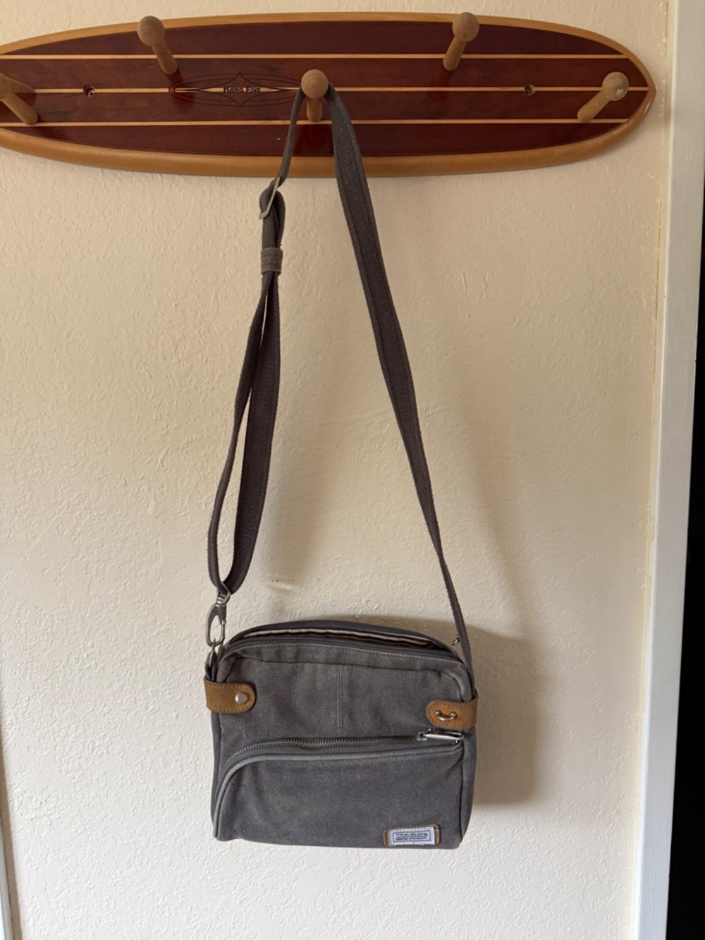 Travelon Gray Canvas Crossbody Messenger Bag with Tan Accents